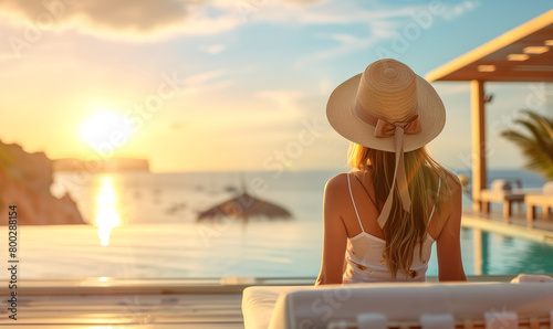 Elegant woman relaxing on outdoor deck of hotel looking at view of beach and sea. luxury travel on summer vacation. photo