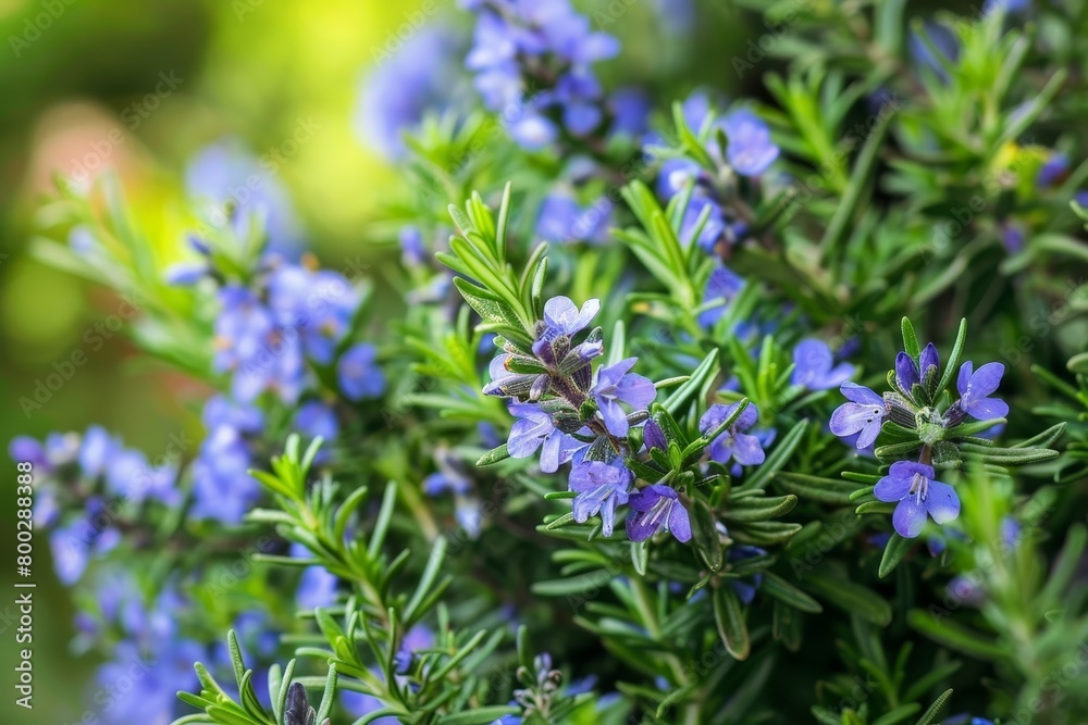Rosemary bush in bloom close up view