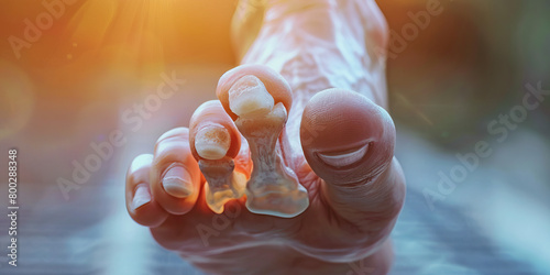 Phalangeal Fracture: The Toe Pain and Discoloration - A person holding their toe with a wince, indicating the pain and possible discoloration of a phalangeal fracture. The toe may appear swollen  photo