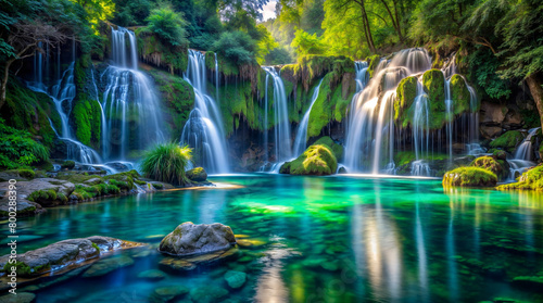 Multiple waterfalls cascade down moss-covered rocks, creating a series of turquoise pools in a jungle. Ideal for eco-tourism, meditation, environmental projects, or as spa and resort ad material.