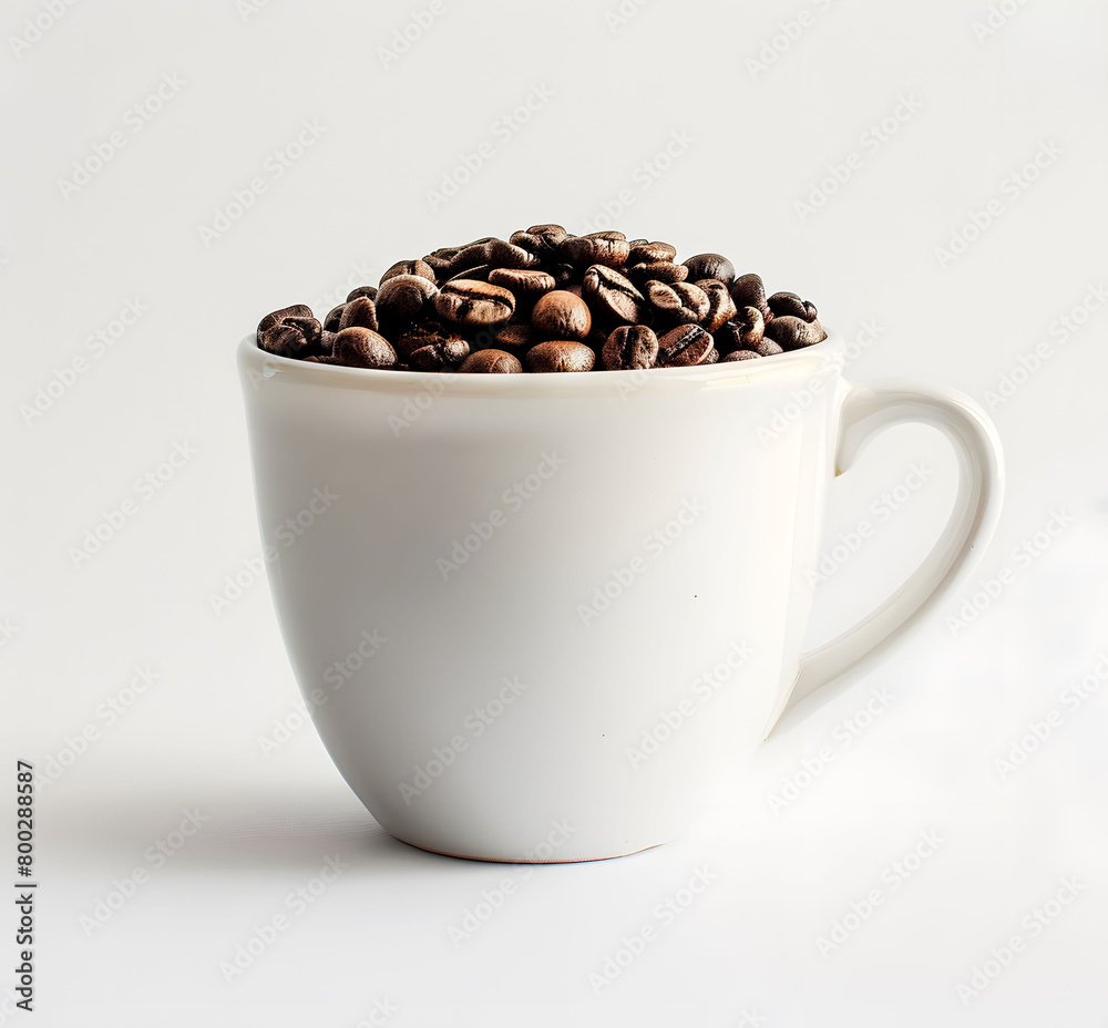 Coffee mug filled with dark brown beans on a white background photographed in a studio in a minimalist style with a closeup Coffee mug filled with dark brown beans on a white background photographed in a studio in a minimalist style with a closeup