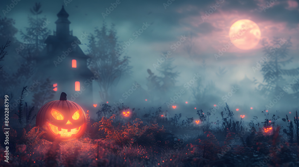 A carved pumpkin sits prominently in a foggy, eerie scene lit by a full moon with a haunted house silhouette in the backdrop, evoking the Halloween spirit