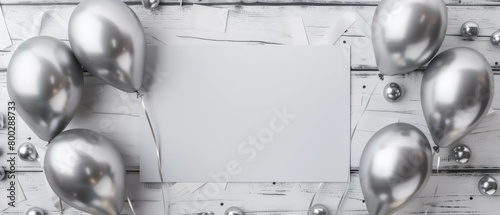 Silver balloons and empty white card on wooden background photo