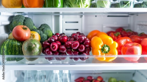 Fresh, colorful fruits and vegetables neatly arranged in a refrigerator. generative ai