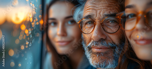 An elderly man wearing glasses seen close-up with two young women, evoking feelings of family, generational bonds, and togetherness