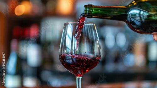 Pouring red wine into a stem glass with a blurred background in a cozy ambiance.