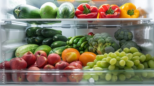 Fresh  colorful fruits and vegetables neatly arranged in a refrigerator. generative ai
