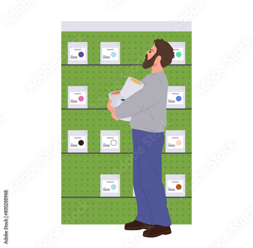 Man customer character choosing can of paints for home renovation during hopping at tools shop