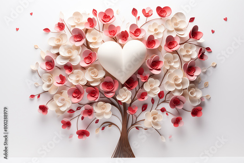 Tree with red and white flowers and heart on white background.