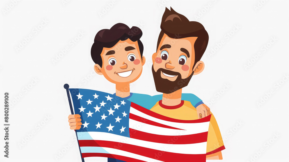 Obraz premium father and son holding an American flag on a white background, illustration, people, man, boy, family, independence day, USA, symbol, state, stars, stripes, holiday, election, voting, America, child