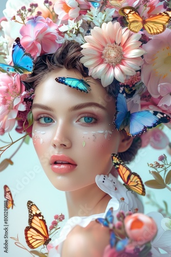 young woman with a wreath of flowers on her head Generative AI