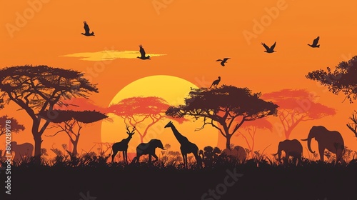 African savannah animals in a seamless vector pattern  sunset orange background  dramatic magazine cover  from above