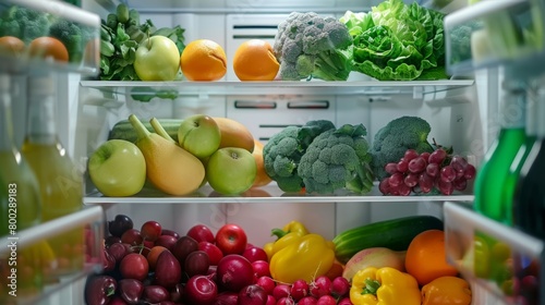 Fresh  colorful fruits and vegetables neatly arranged in a refrigerator. generative ai