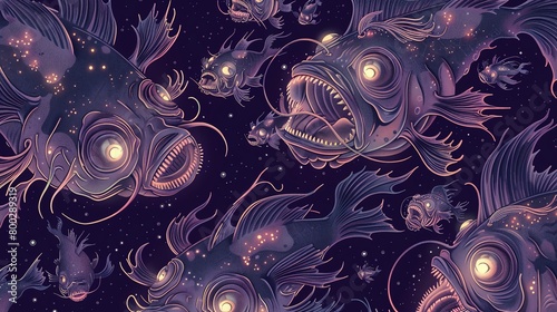 Anglerfish and bioluminescent creatures in a seamless pattern, deep purple background, perfect for a nature magazine cover, from below