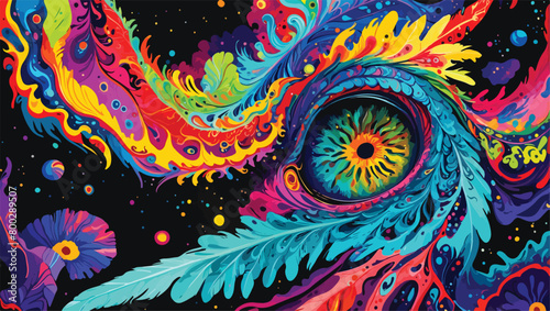 Psychedelic Art - Editable - Vector Flat Illustration - Fractal Fantasia - A Psychedelic Journey Through Swirling Colors.