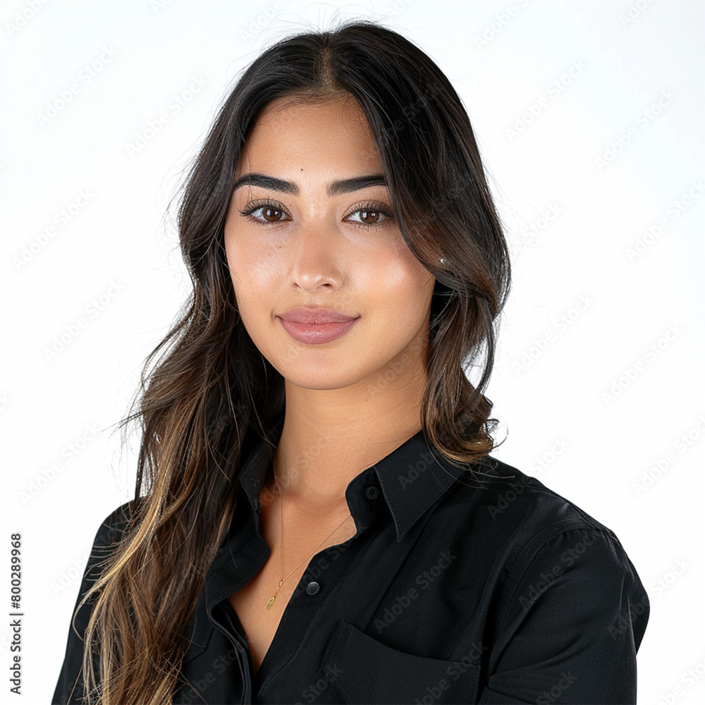 Studio portrait of a woman in a black shirt with a isolated white background
