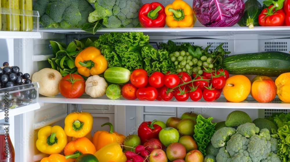Fresh, colorful fruits and vegetables neatly arranged in a refrigerator. generative ai Fresh, colorful fruits and vegetables neatly arranged in a refrigerator. generative ai
