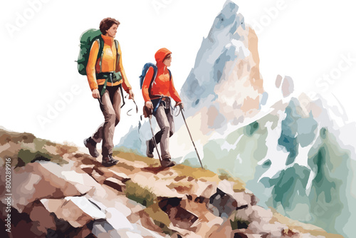 Two girls tourists in sportswear tracking in mountains. Watercolor sketch