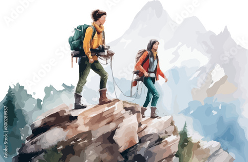 Two girls tourists in sportswear tracking in mountains. Watercolor sketch