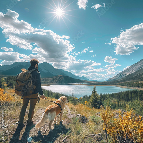Illustration of a person and dog on a hike in the mountains with a lake in the distance