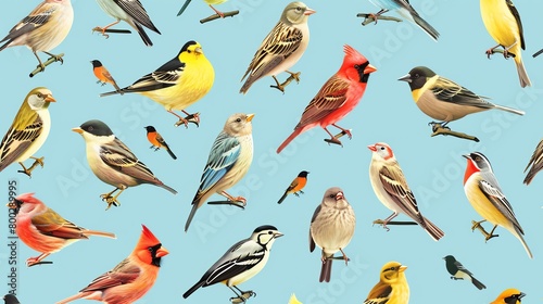 Birds of various species in a seamless pattern, sky blue background, suitable for an avian enthusiast magazine cover, aerial perspective