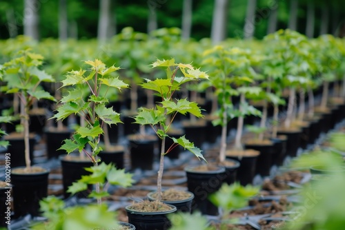 Rows of young maple trees in containers at nursery