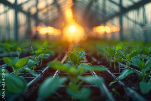 Rows of young plants in greenhouse at sunset