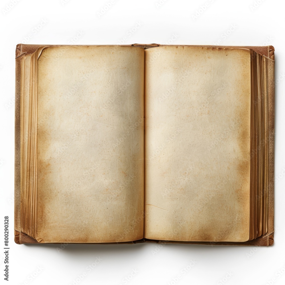 Old leather-bound book with worn pages open on white background Old leather-bound book with worn pages open on white background