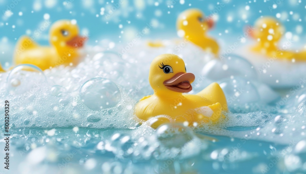 Rubber ducks floating in bubble filled tub Rubber ducks floating in bubble filled tub