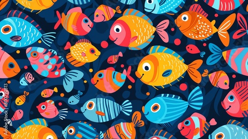 Cartoon fish seamless pattern, playful and colorful background, suitable for a children s magazine cover, aerial perspective