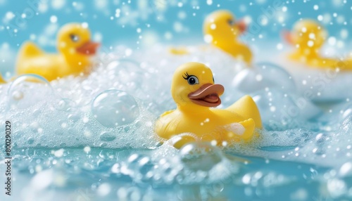 Rubber ducks floating in bubble filled tub