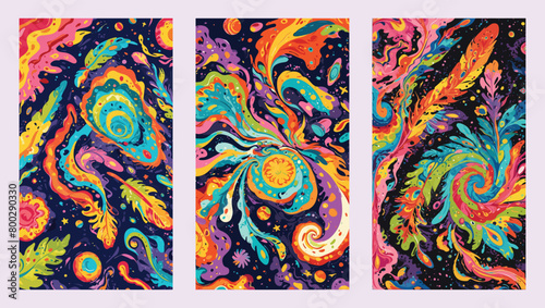 Psychedelic Art - Editable - Vector Flat Illustration - Fractal Fantasia - A Psychedelic Journey Through Swirling Colors.