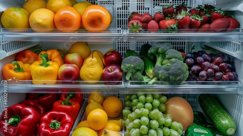 Fresh  colorful fruits and vegetables neatly arranged in a refrigerator. generative ai