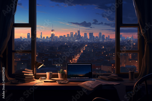 Workspace in front of window with beautiful night city lights © vectornation