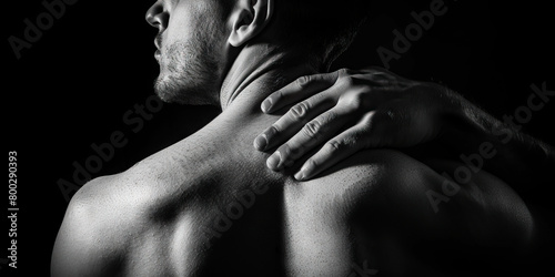 Scapular Fracture: The Shoulder Blade Pain and Limited Arm Movement - A person holding their shoulder blade area with a grimace, indicating the pain and limited arm movement of a scapular fracture photo