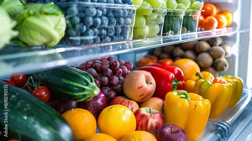 Fresh  colorful fruits and vegetables neatly arranged in a refrigerator. generative ai