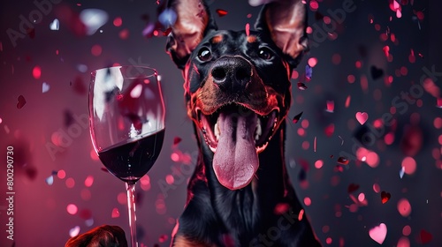 A delighted Doberman, tongue out savoring the moment, with a claret glass, amidst sapphire confetti, Photorealistic, photo