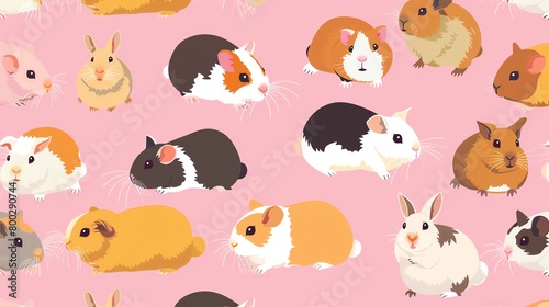 Cartoon small pets hamsters  guinea pigs  rabbits in a seamless vector pattern  pastel pink background  cute magazine cover  topdown view