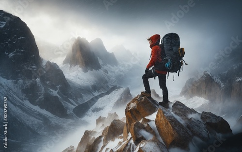 Alpinista in alta monta in situazione estrema e precaria photo