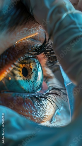 A close up of a hand performing a delicate cornea transplant, with the eye reflecting a vision of a new world, symbolizing restored sight photo