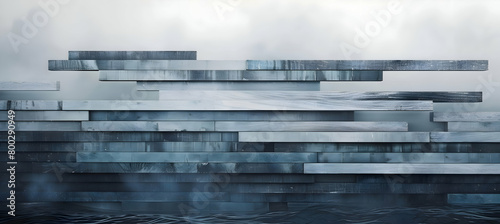 Artistic rendering of thin, layered rectangles in a cool palette of grays and blues, each layer slightly offset to create a visually compelling depth.
