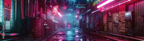A cyberpunk alley where an underground doctor transplants robotic limbs on a patient, neon lights reflecting off shiny metal surfaces