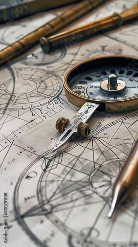 A close up of a compass and protractor set on a geometric drawing, tools guiding the exploration of angles and curves