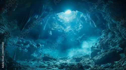 A cave diver explores a submerged cave system  aware of the limited air supply and the dangers of getting lost in the darkness