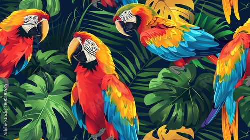 Exotic birds in a seamless vector pattern, tropical color background, eyecatching magazine cover, highangle view © Pornsurang