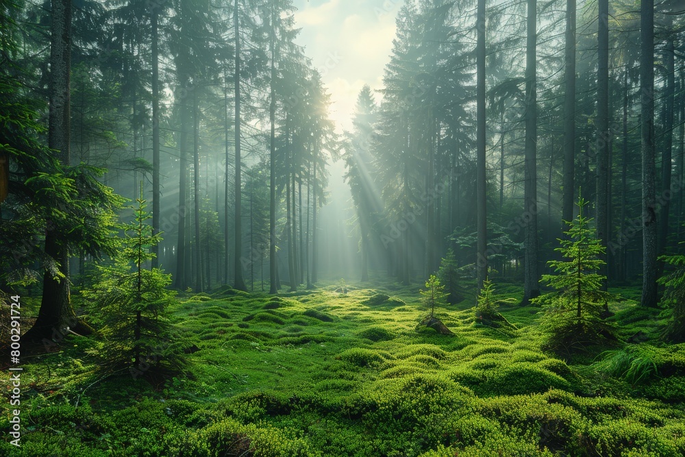 Obraz premium A mystical forest scene with sunbeams cutting through the mist and trees, evoking a sense of wonder and the sublime in nature