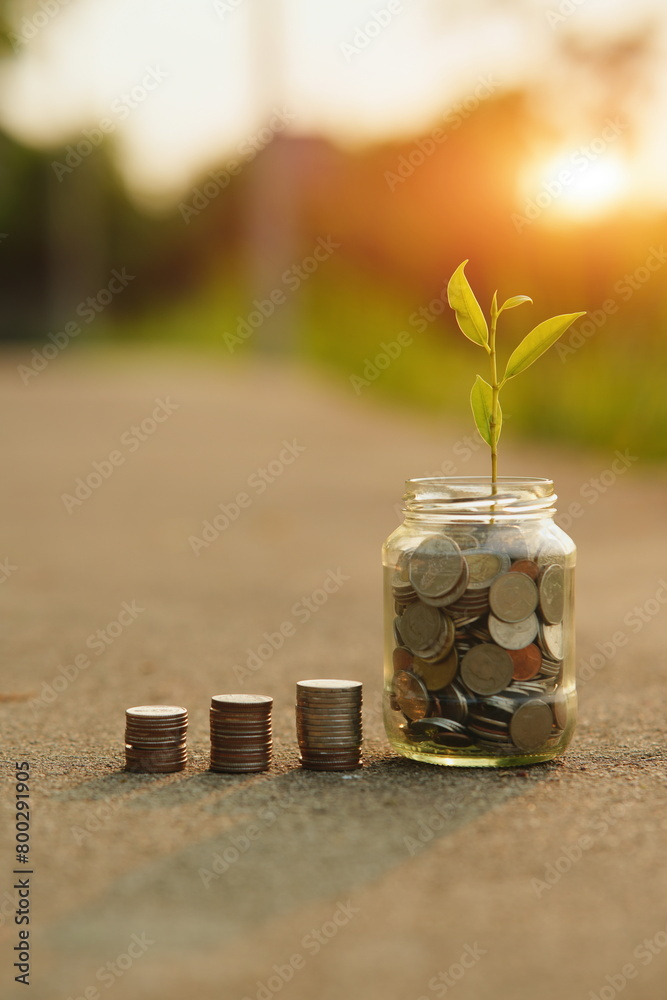 Saving money by hand puting coins in jug glass on nature background
