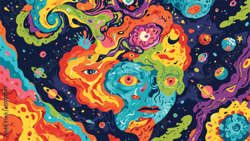 Psychedelic Art - Editable - Vector Flat Illustration - Fractal Fantasia - A Psychedelic Journey Through Swirling Colors.