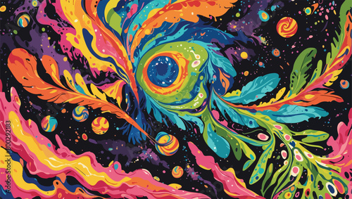 Psychedelic Art - Editable - Vector Flat Illustration - Fractal Fantasia - A Psychedelic Journey Through Swirling Colors.