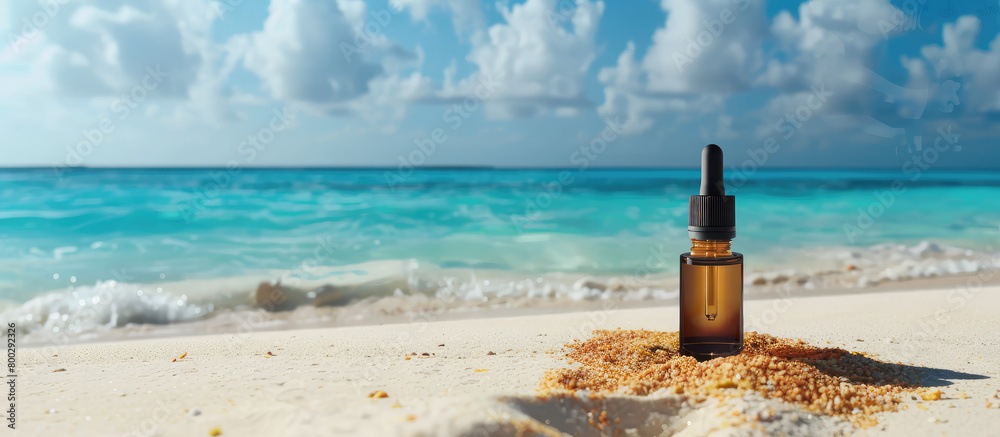 Package mockup for cosmetic product or tan oil on a sandy summer beach with sea water. Creative packaging template for natural tanning oil. Package mockup for cosmetic product or tan oil on a sandy summer beach with sea water. Creative packaging template for natural tanning oil.